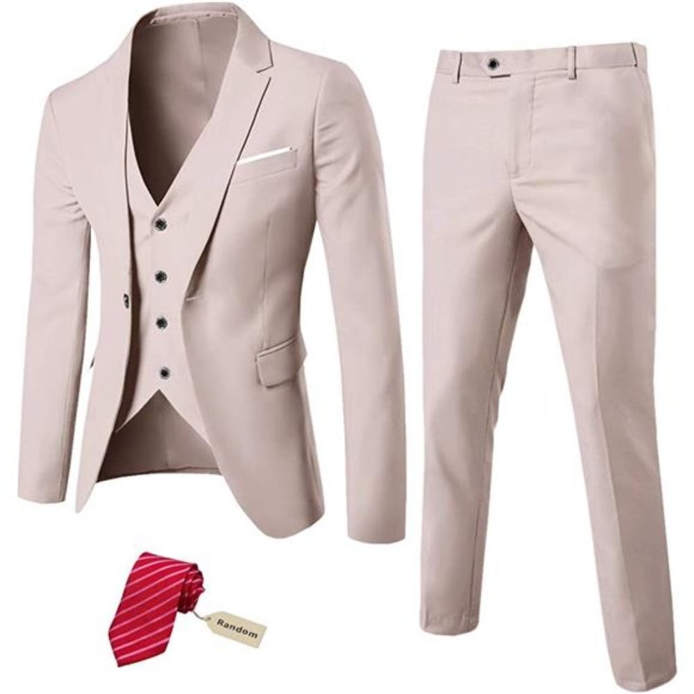 Men's 3 Piece Slim Fit Suit Set, One Button Solid Jacket Vest Pants with Tie
